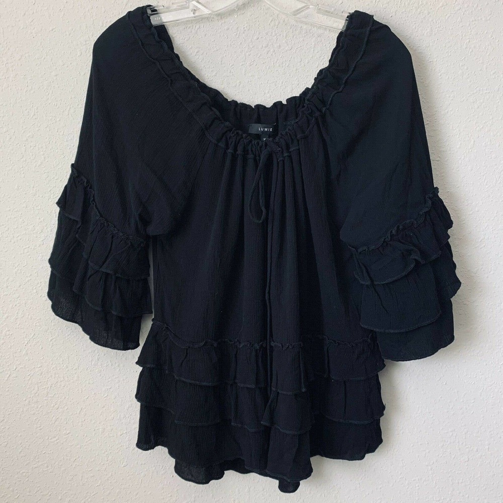 Lumie Black Boho Tiered Bell Sleeve Blouse